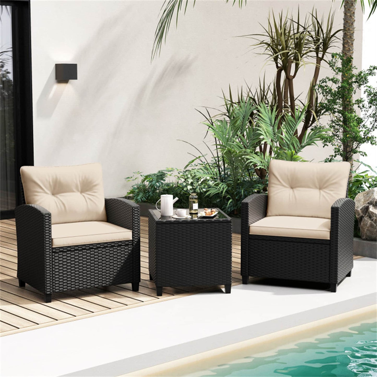 BABOOM Patio Furniture Set 3 -Piece Rattan Patio Conversation Set with Off-white Cushions