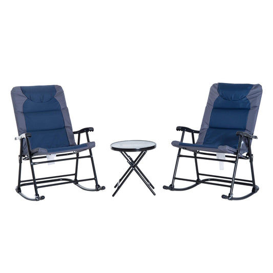 Miki Shinly Outdoor Patio Chair Set Set of 2 Black Steel Frame Rocking Chair with Blue Cushioned Seat