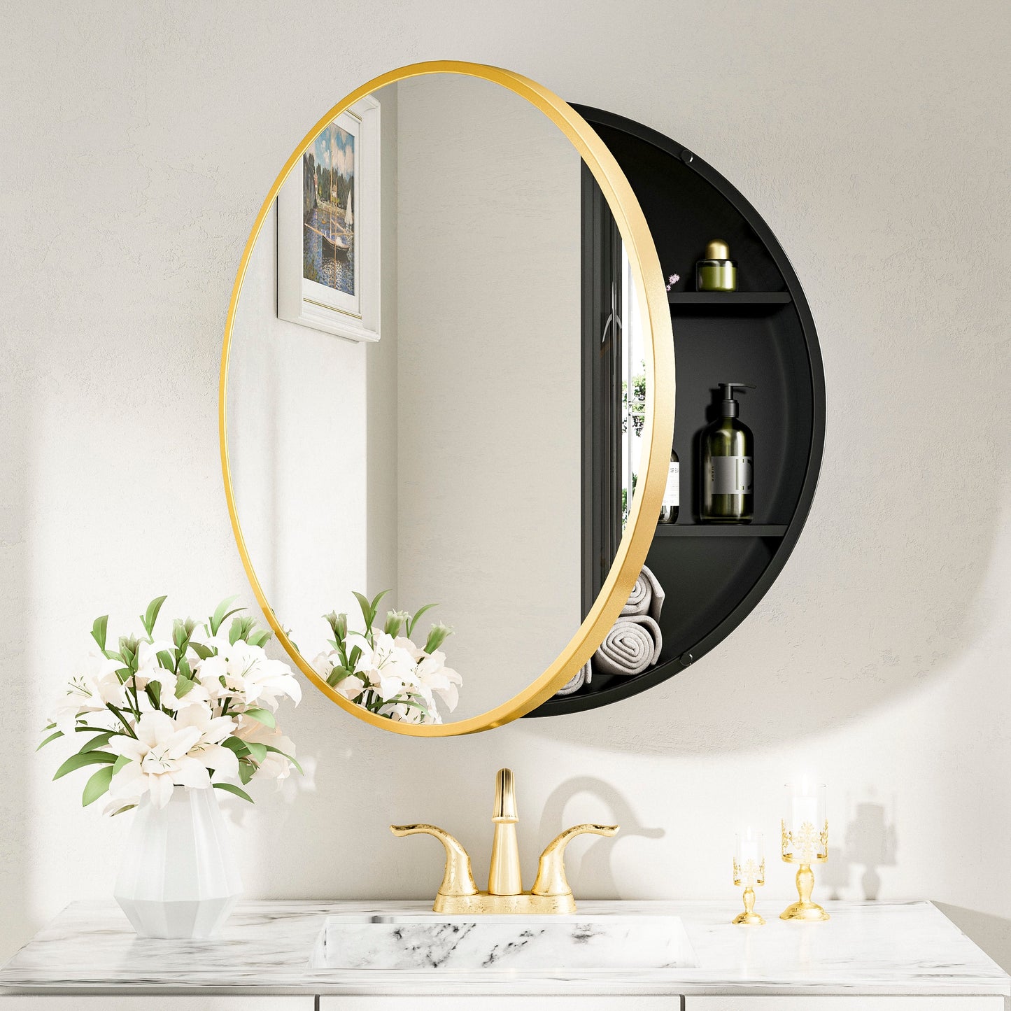 Keonjinn 30-in x 30-in Surface Mount Gold Mirrored Round Soft Close Medicine Cabinet