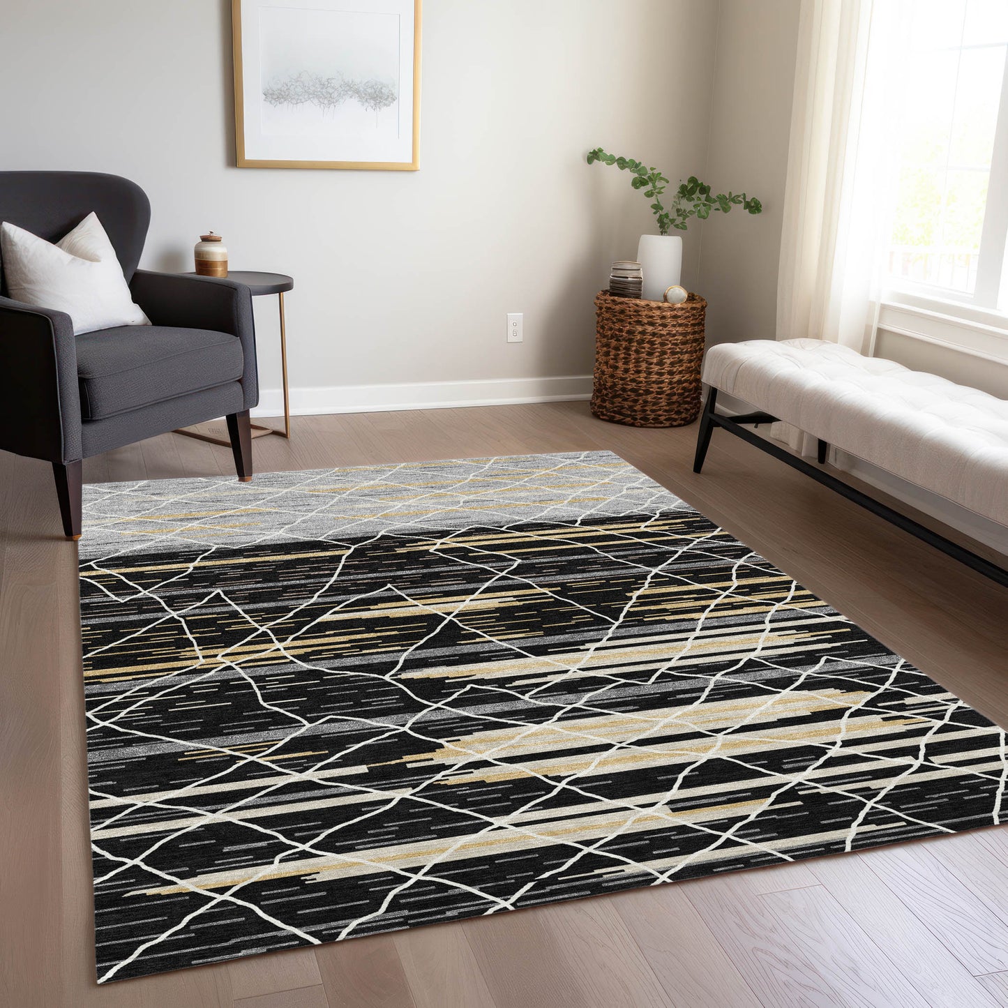 Addison Rugs Chantille ACN1025BK 8 x 10 (ft) Black Rectangular Indoor/Outdoor Geometric Machine washable Pet Friendly Area rug