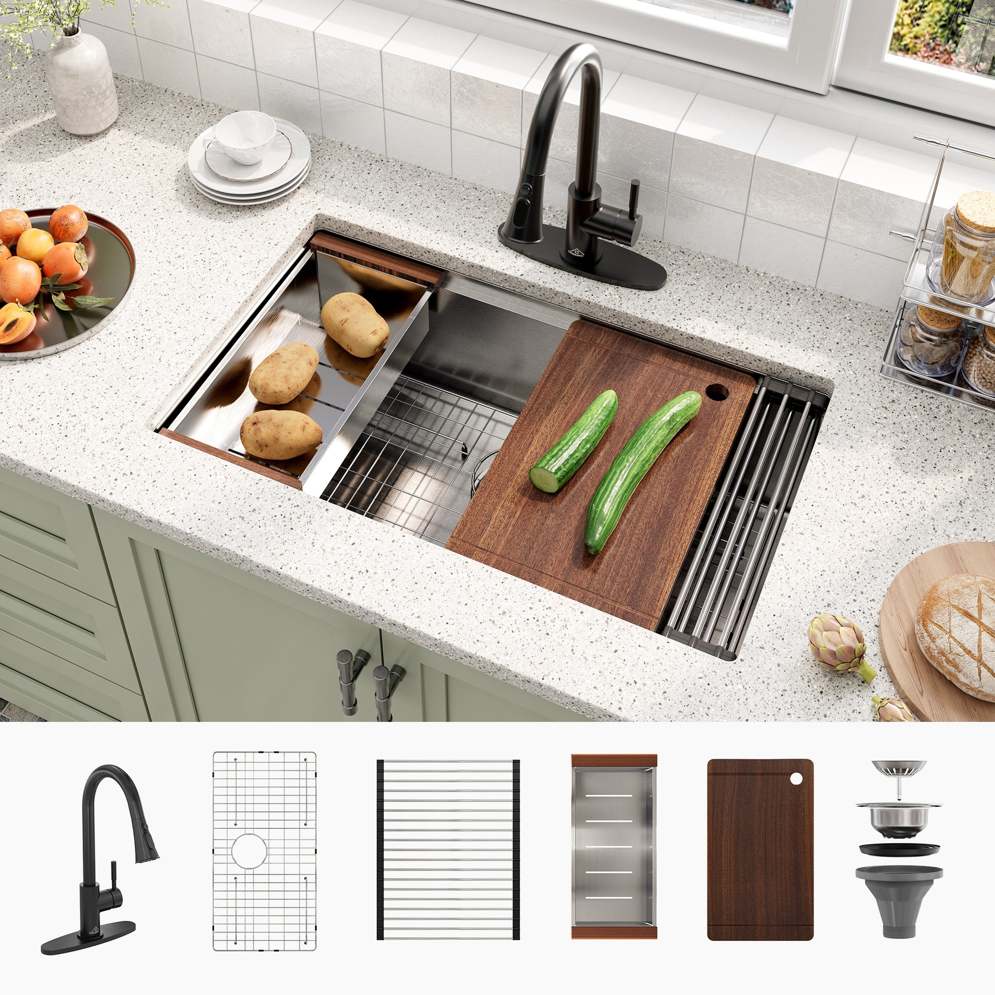 CASAINC Undermount 32-in x 19-in Stainless steel Single bowl 18 -Gauge Workstation Kitchen Sink All-in-One Kit with Drainboard