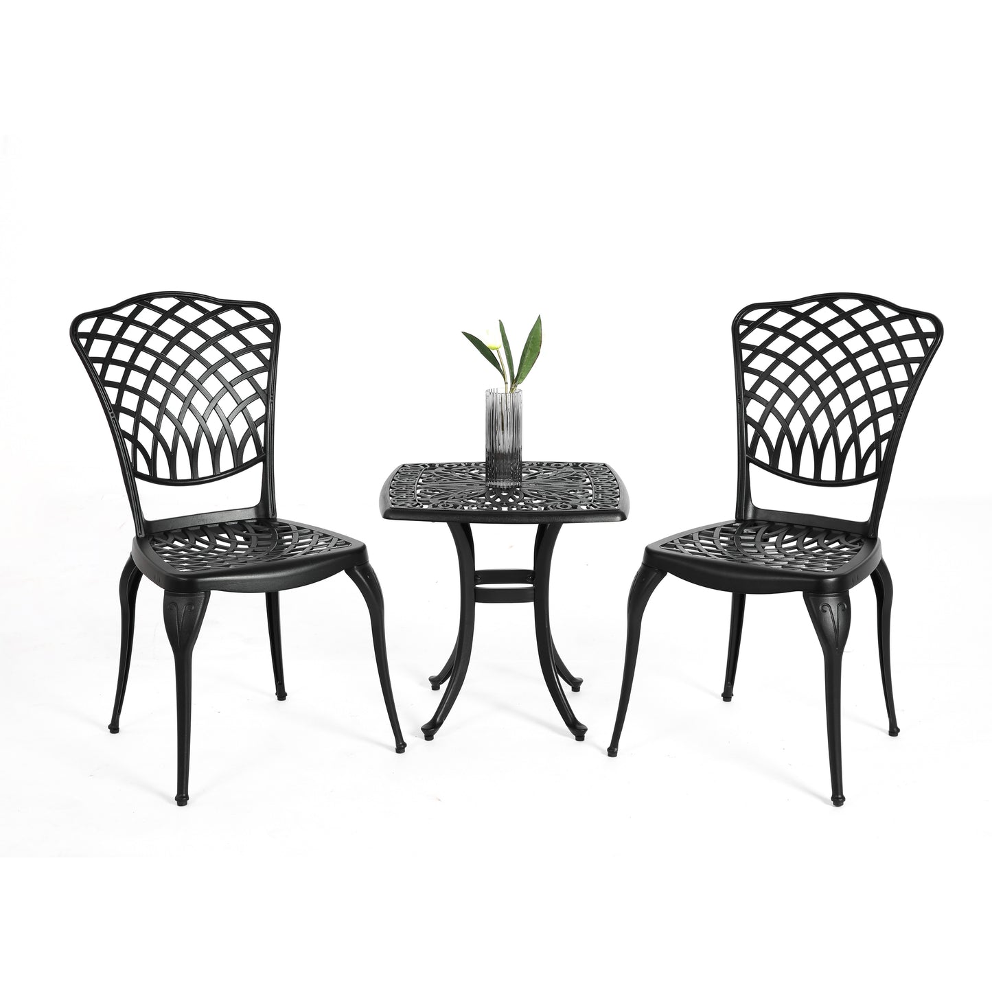 AHIOU HOME Berkeley 3 -Piece Black Bistro Patio Dining Set Aluminum Square Table with 2 Stationary Chairs