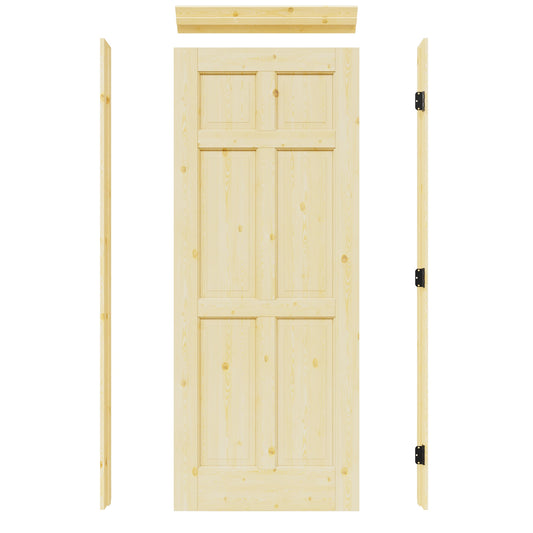 JUJUBON 30-in x 80-in Natural Quickly Assemble Jamb Solid core 6-panel Right hand Textured Unfinished Pine Wood Flat Jamb Single Prehung Interior Door