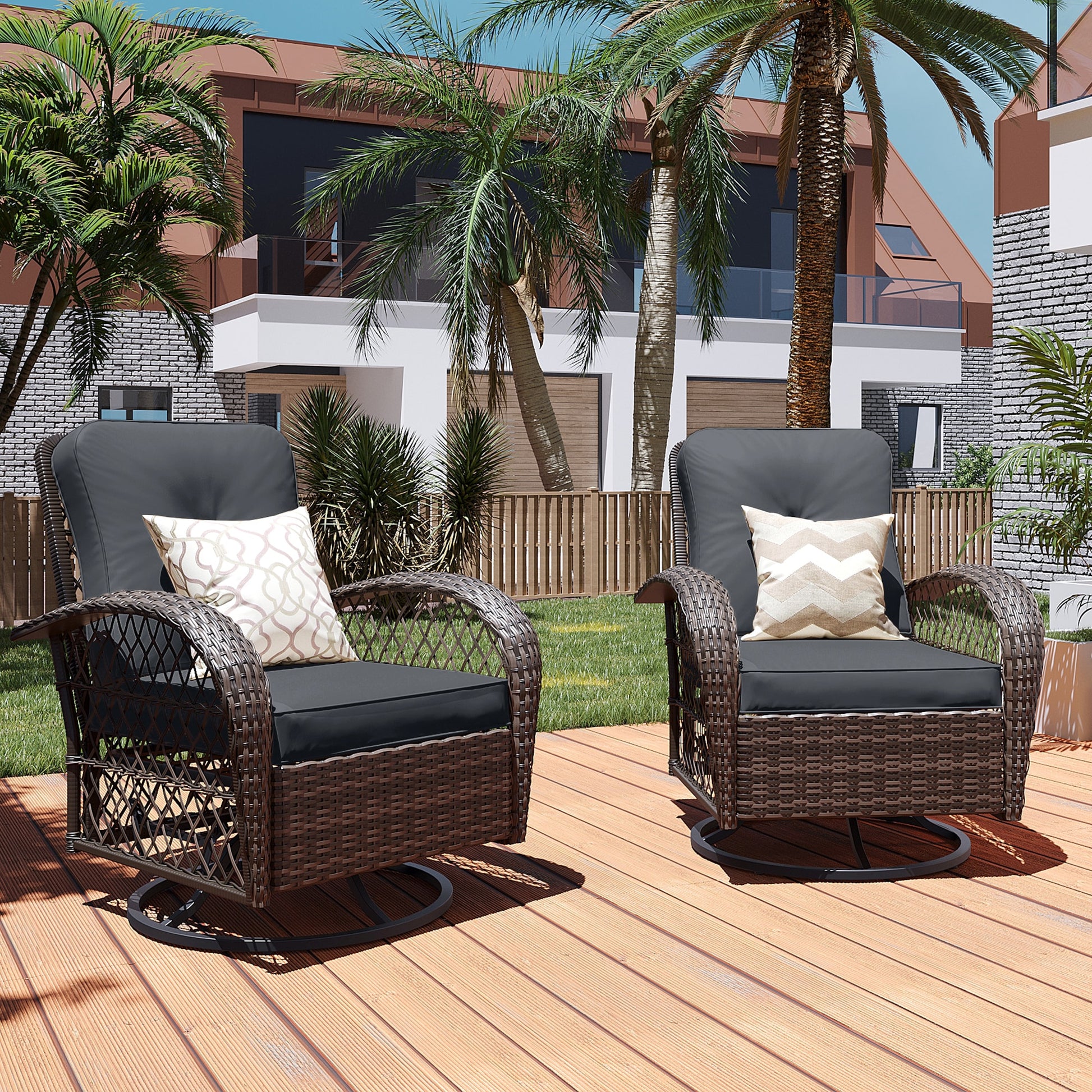 Patio Watcher Rocking Chair 2 -Piece Rattan Patio Conversation Set with Dark Gray Cushions