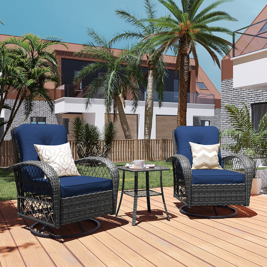 Patio Watcher Rocking Chair 3 -Piece Rattan Patio Conversation Set with Blue Cushions