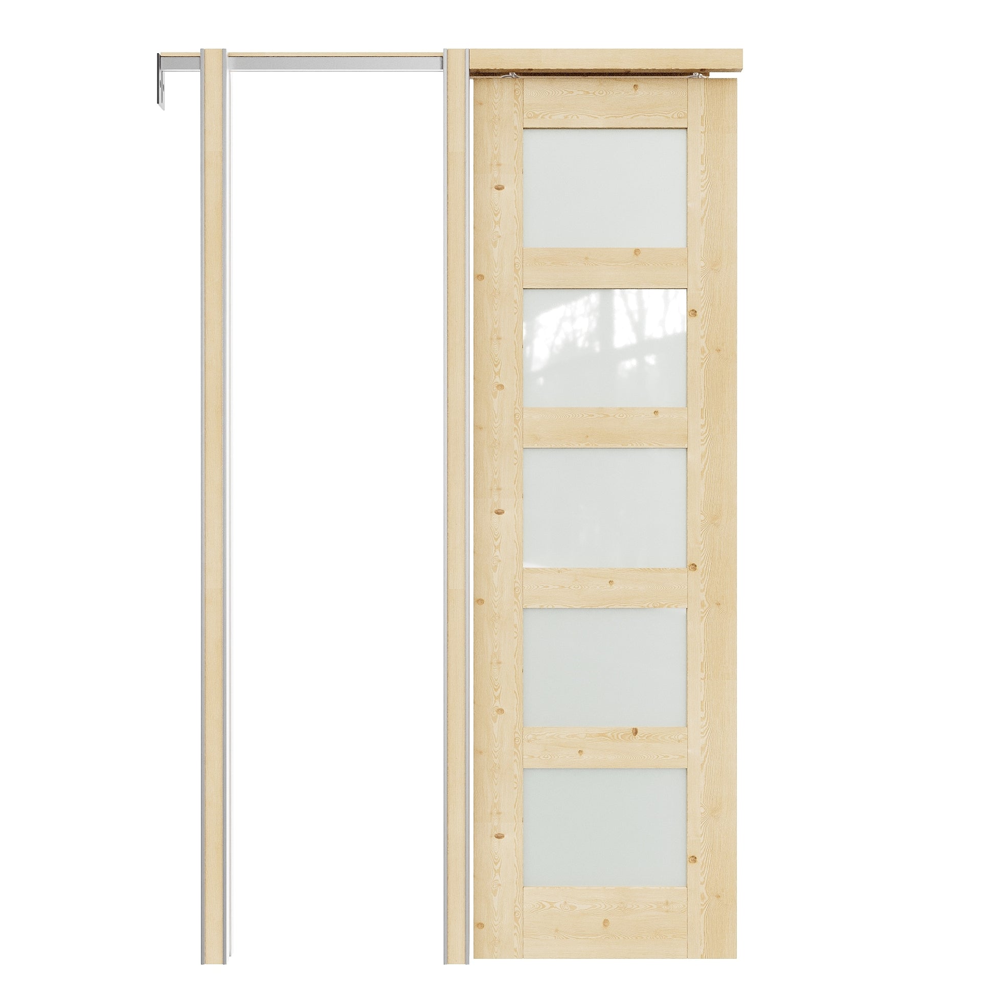 JUJUBON 24-in x 80-in Wood Pocket Door Frame with 5-Lite Frosted Glass Unfinished Solid Core Pine Wood Pocket Door and Hardware Soft Close Included