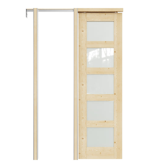 JUJUBON 24-in x 80-in Wood Pocket Door Frame with 5-Lite Frosted Glass Unfinished Solid Core Pine Wood Pocket Door and Hardware Soft Close Included