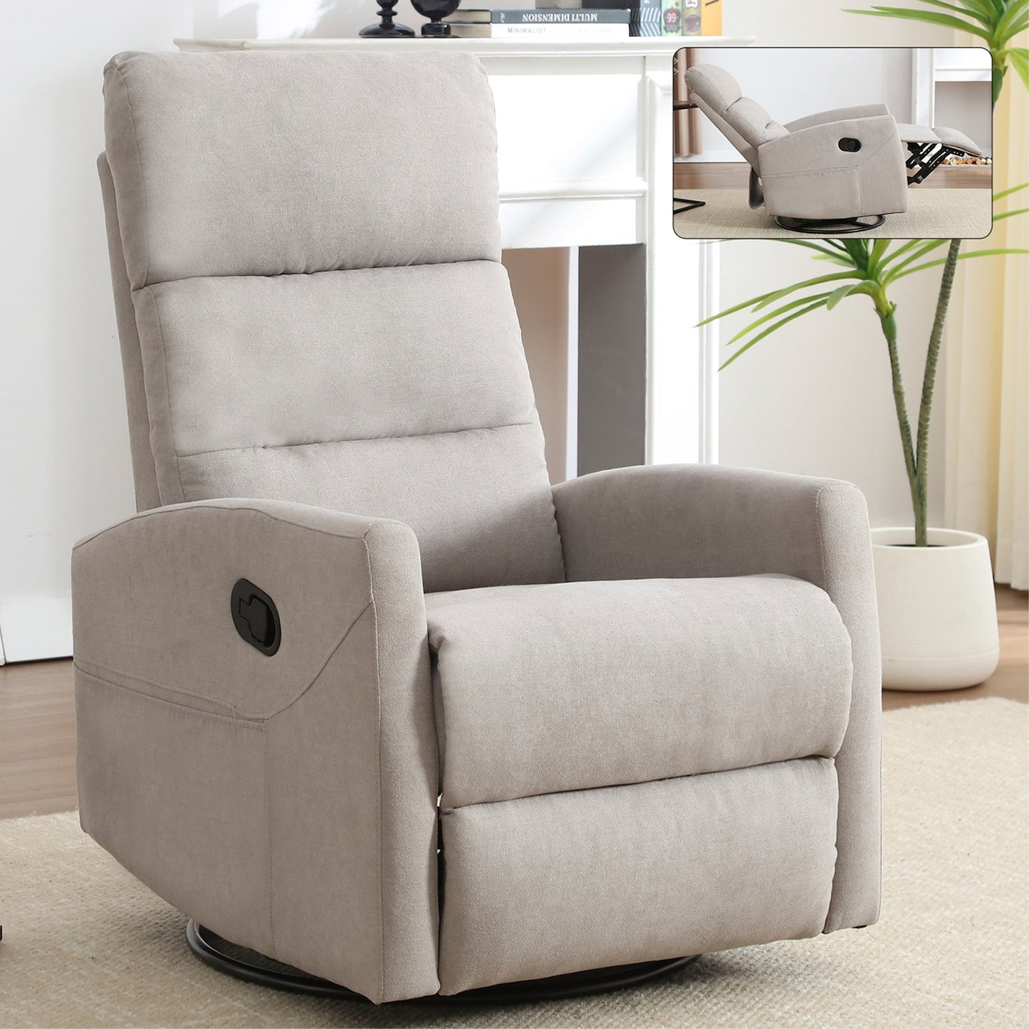 GZMR Manual Recliner Chair with Rocker and Swivel Khaki Polyester Upholstered Swivel Powered Reclining Recliner