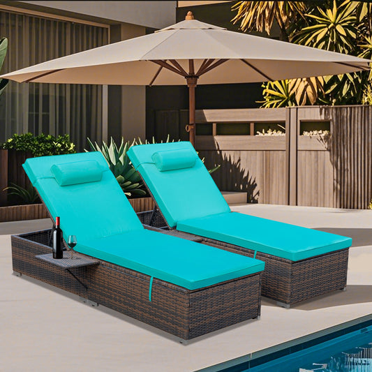 NOBLEMOOD Patio Chairs Set of 2 Rattan Brown Metal Frame Stationary Chaise Lounge Chair with Blue Cushioned Seat