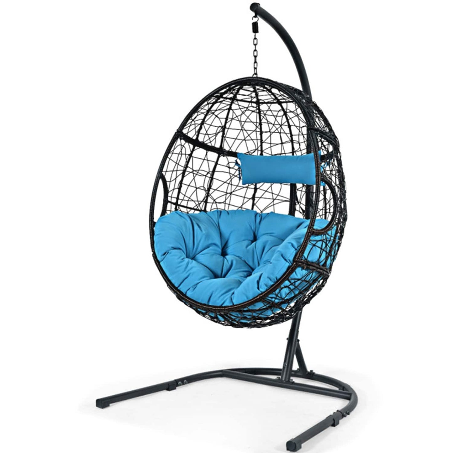 Mondawe Indoor and Outdoor Hanging Cushioned Egg Chair with Stand Black Steel Frame Hanging Egg Chair with Blue Cushioned Seat