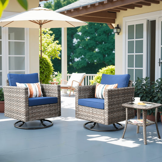 Pouuin 3 -Piece Rattan Patio Conversation Set with Blue Cushions