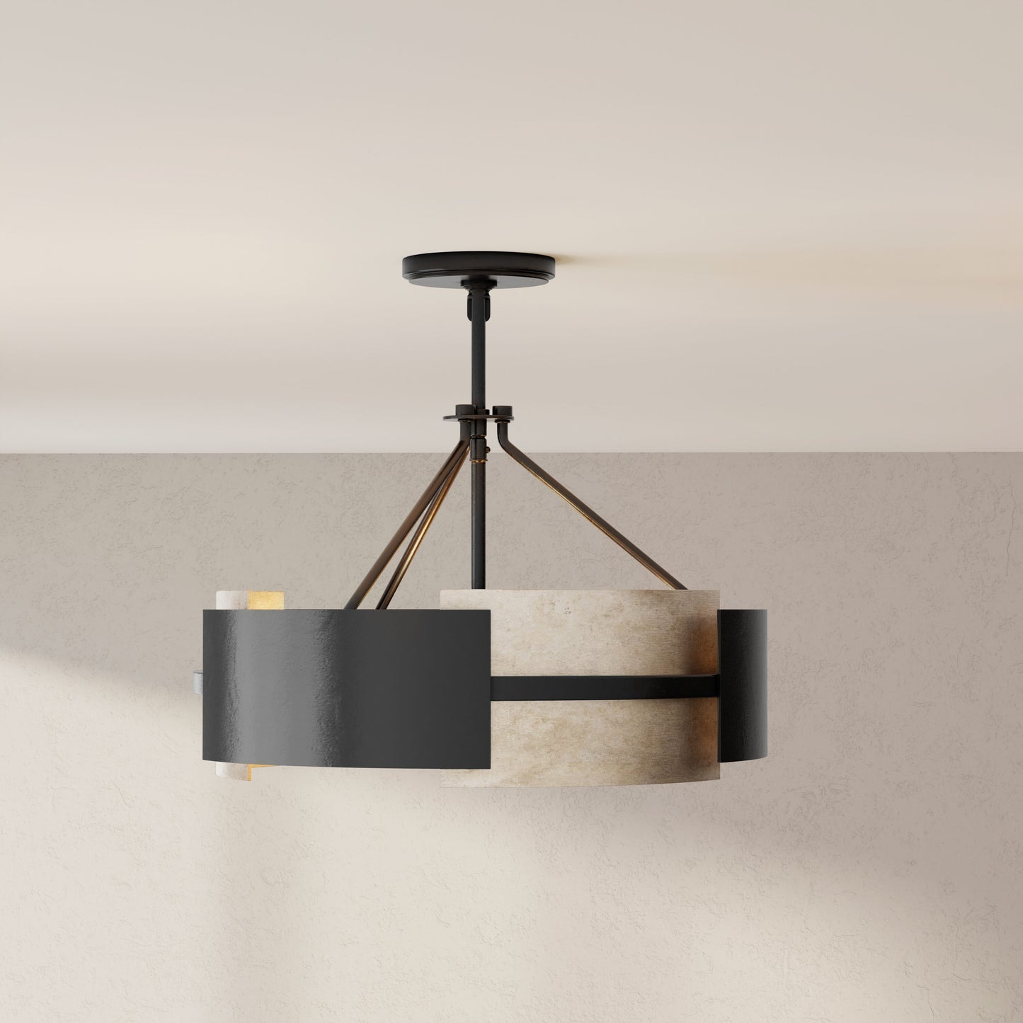 Progress Lighting Lowery 3 -Light Matte Black with Aged Silver Leaf Accents Modern/contemporary Drum Medium Hanging Convertible pendant/Semi-flush