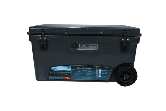 Iceland Coolers Longship Series Charcoal 110 Quart(s) Hard rotomolded Insulated Wheeled Chest cooler with Drainage Spout