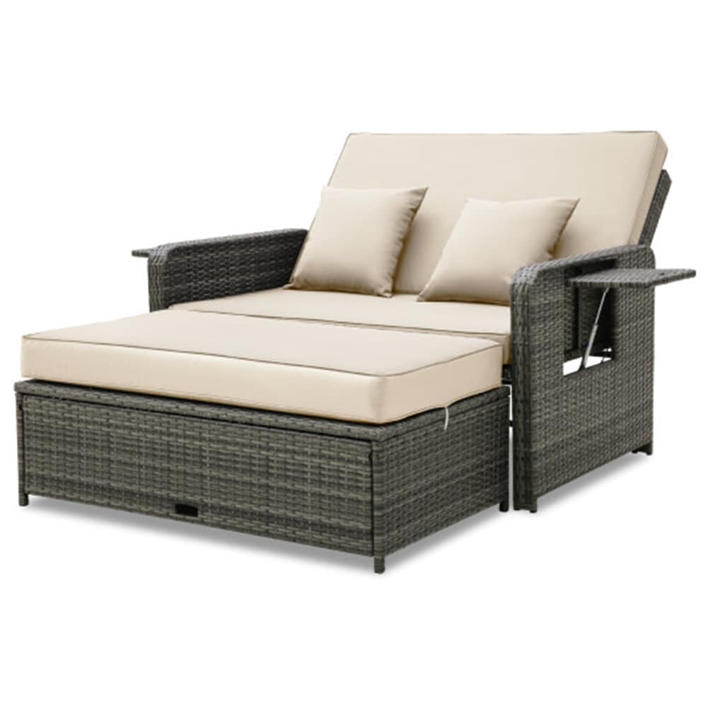 Poinic Rattan Outdoor Daybed with Beige Cushions and Steel Frame