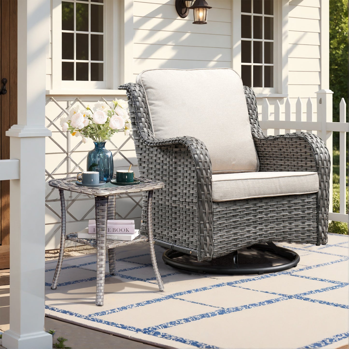 Pouuin Wicker Gray Metal Frame Swivel rocker Rocking Chair with Beige Cushioned Seat