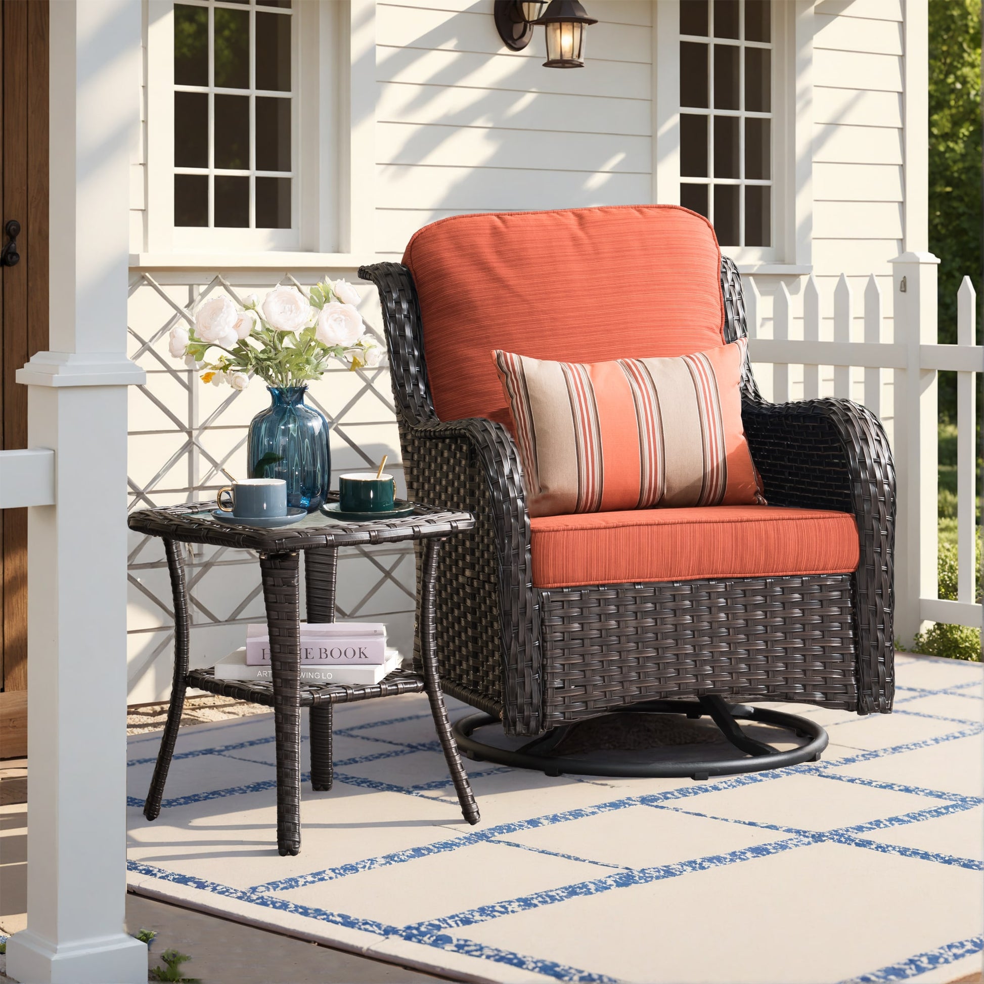 Pouuin Wicker Brown Metal Frame Swivel rocker Rocking Chair with Orange Cushioned Seat