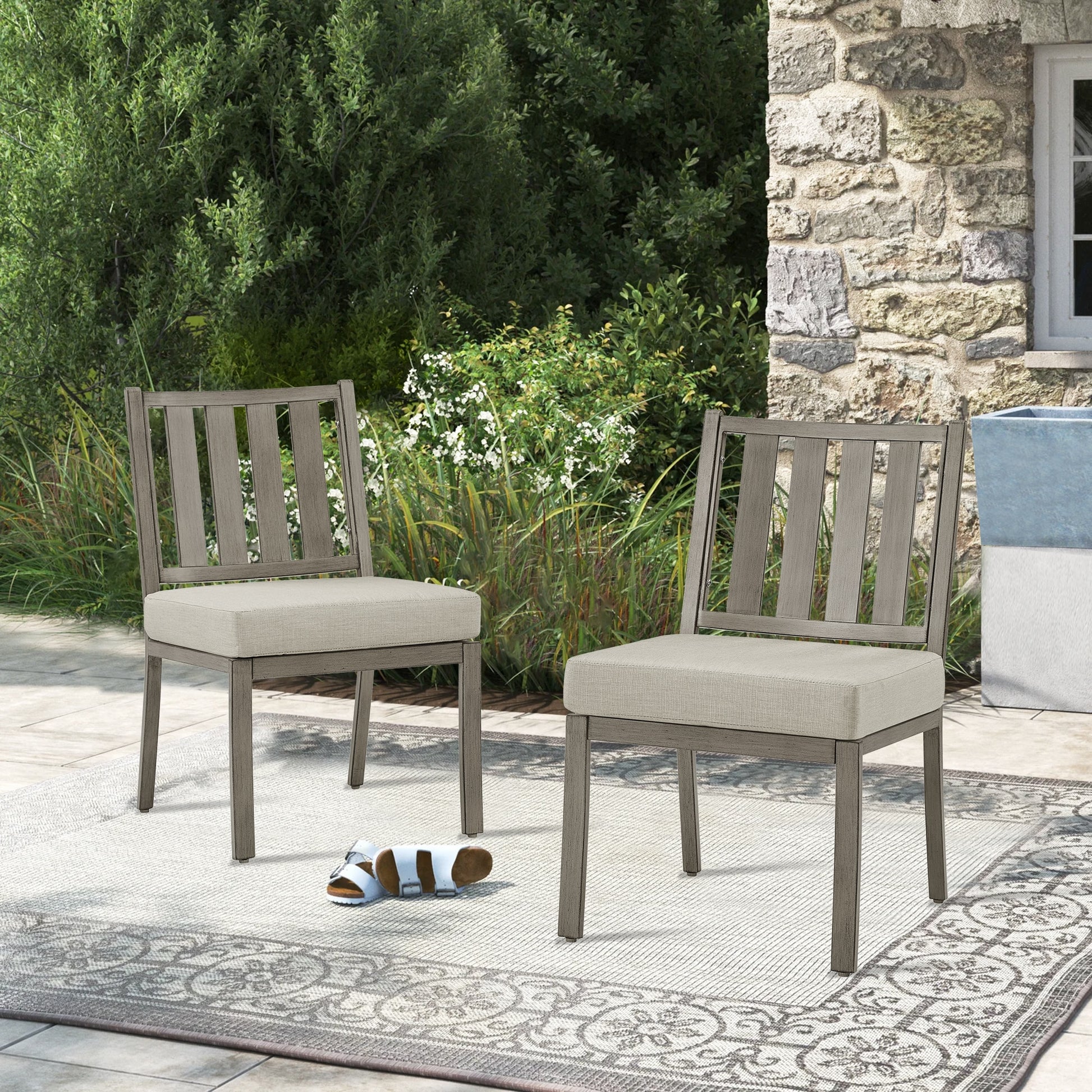 PEAK HOME FURNISHINGS Patio Dining Chair Set of 2 Grey Aluminum Frame Stationary Dining Chair with Off-white Sunbrella Cushioned Seat