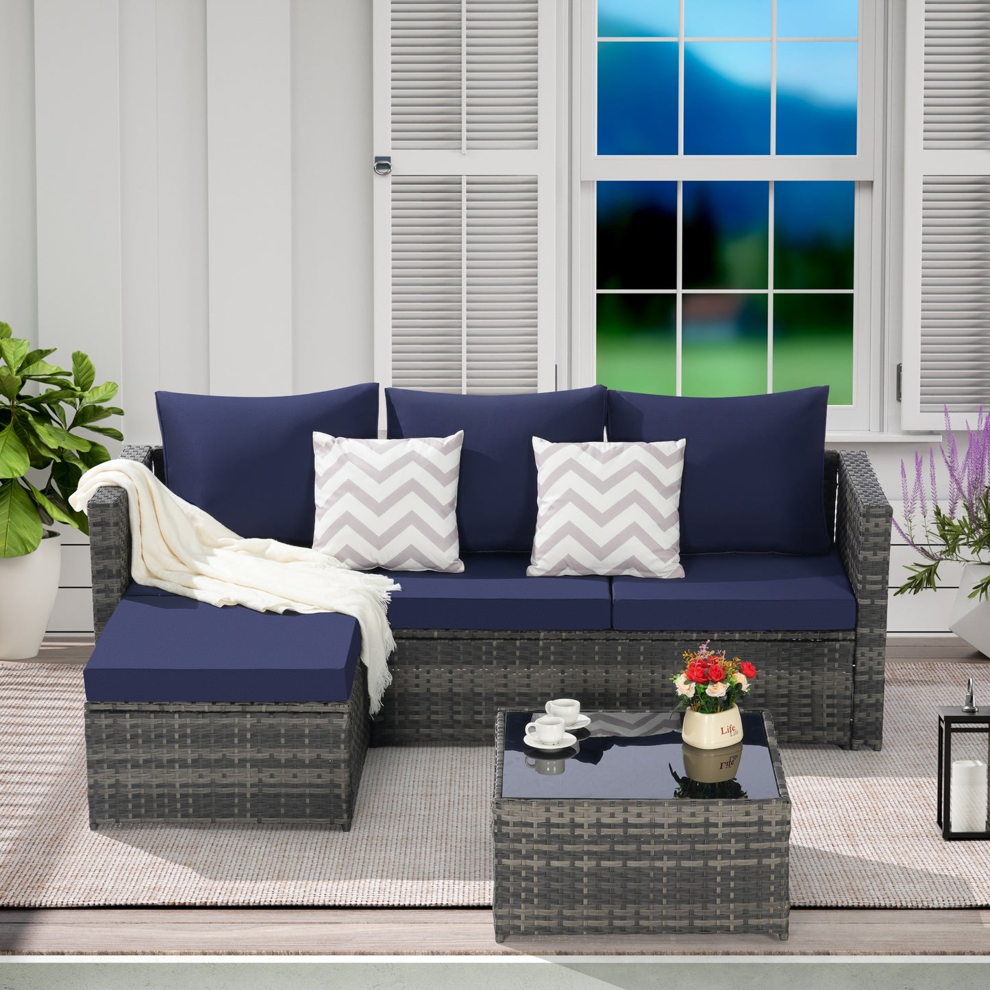 AAZJ Patio Conversation Sets 3 -Piece Rattan Patio Sofa Conversation Set with Blue Cushions