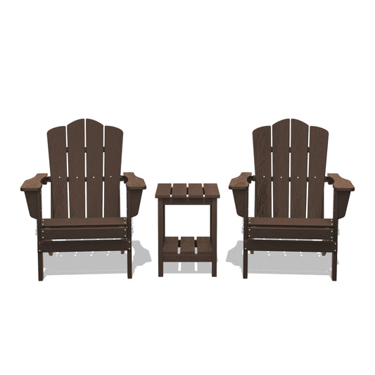 JEAREY Patio Folding Adirondack Chair Set of 2 with a Side Table Set of 2 Stackable Coffee HDPE Frame Stationary Adirondack Chair with Slat Seat