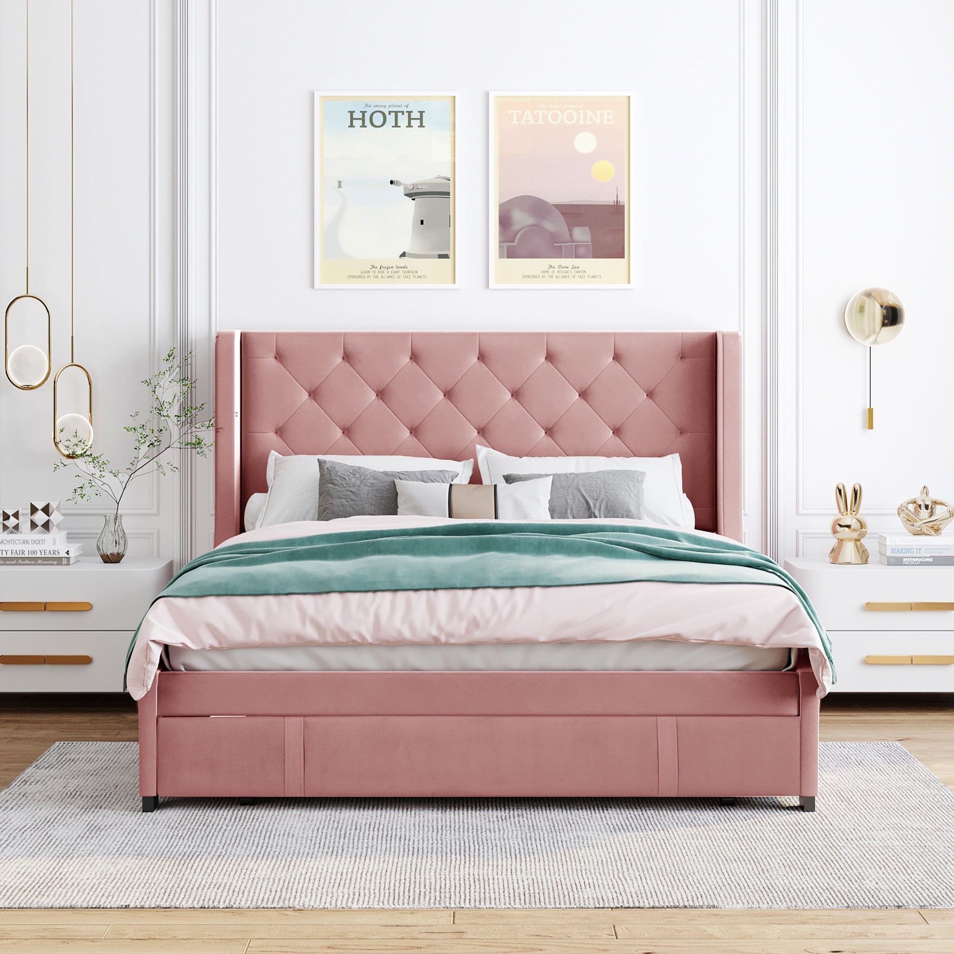 JIMSMAISON Pink Queen Wood Upholstered Bed with Storage