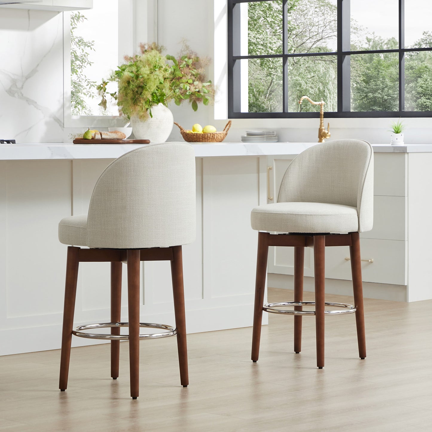 Circle 55 Linen 26.4-in H Counter height Upholstered Swivel Wood Bar Stool 2 -Pack