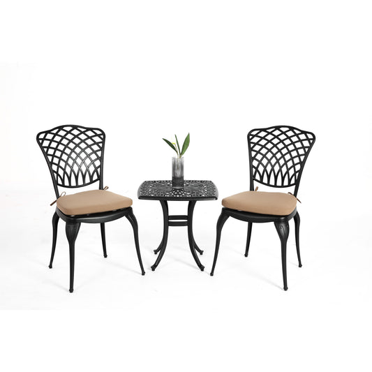 Bayfeve 3 Piece Cast Aluminum Patio Bistro Sets 3 -Piece Black Bistro Patio Dining Set Aluminum Square Table with 2 Brown Cushions Stationary Chairs