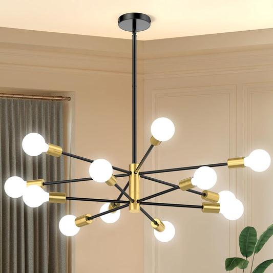 Phaosio Sputnik Chandelier 12-Light, Mid Century Modern Height Adjustable Ceiling Light Fixture for Dining Room, Kitchen Island, Living Room,Bedroom-Black and Gold