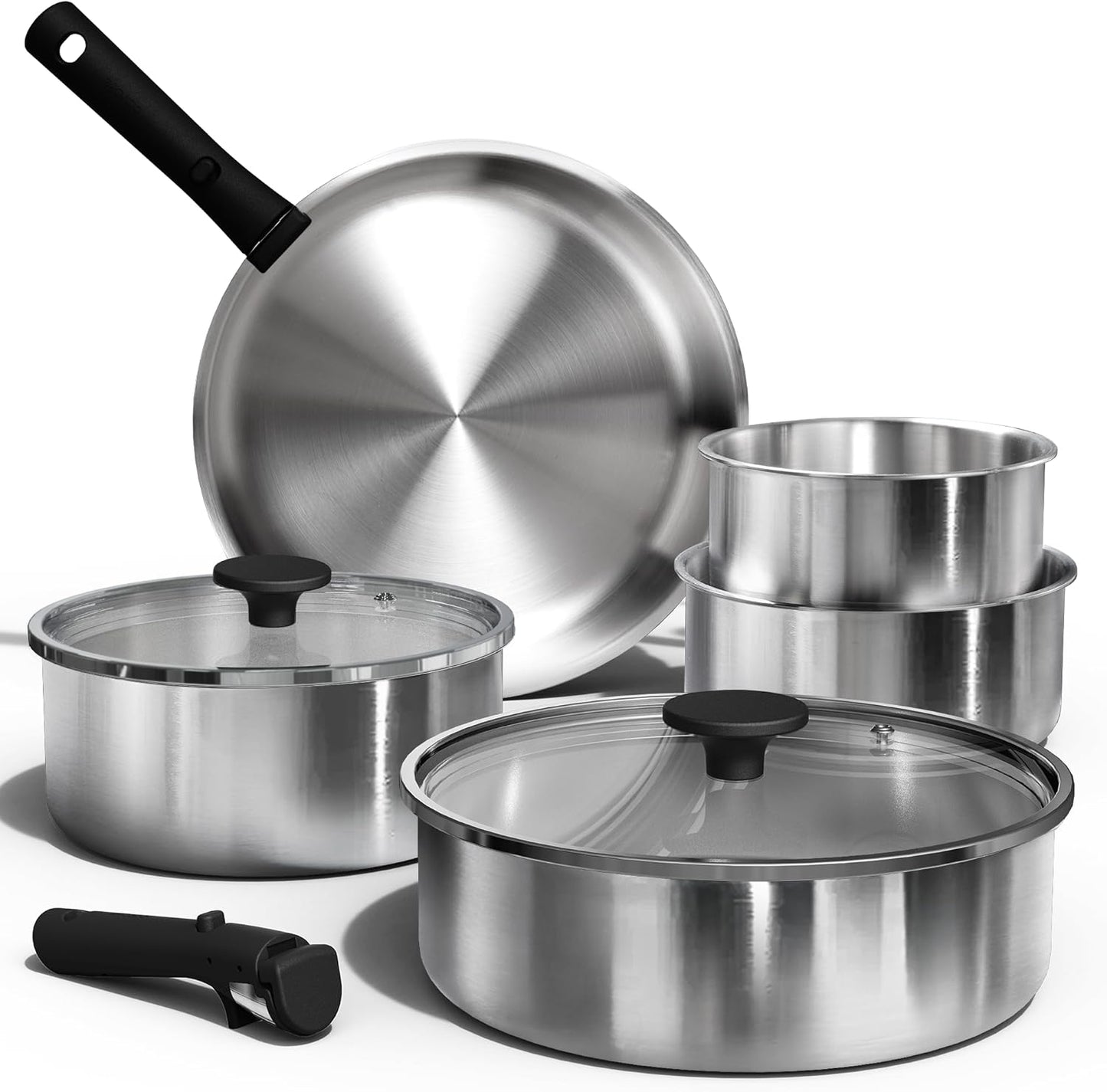 CAROTE Pots and Pans Set, Stainless Steel Cookware Set Detachable Handle, 9pcs Induction Kitchen Cookware Sets with Removable Handle, RV Cookware Set, Oven Safe