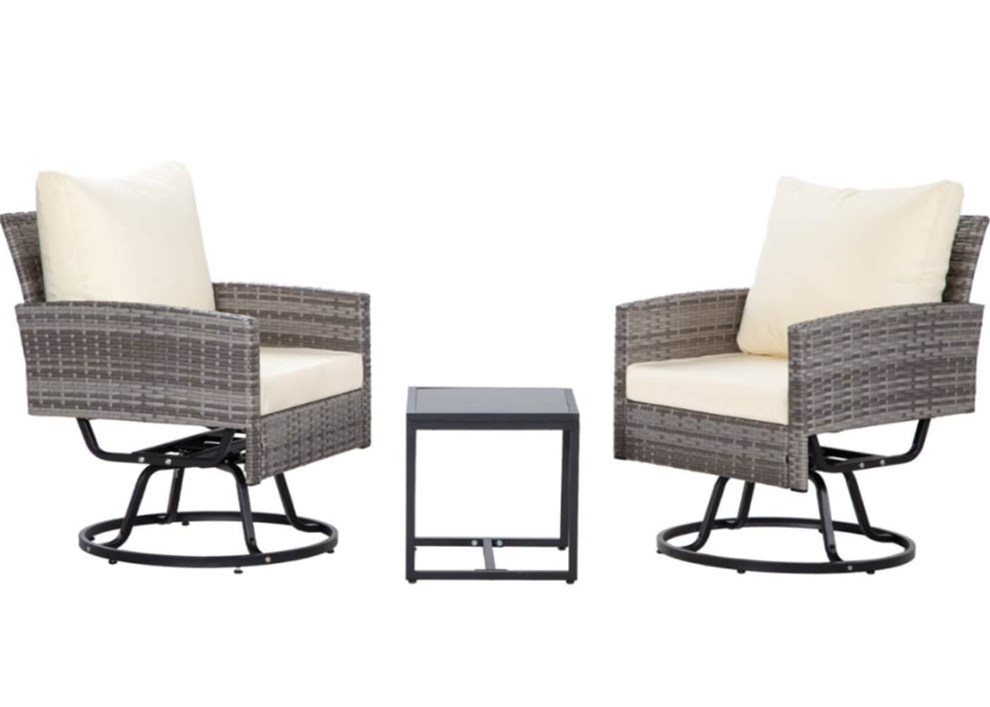 Damerin Patio Chairs Set of 2 Wicker Gray Iron Frame Swivel Conversation Chair with Beige Cushioned Seat