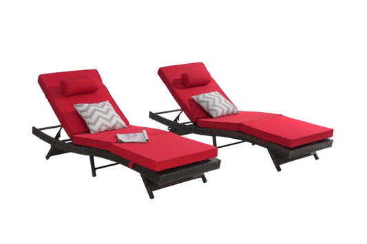 Maocao Hoom Set of 2 Rattan natural Steel Frame Stationary Chaise Lounge Chair with Red Cushioned Seat