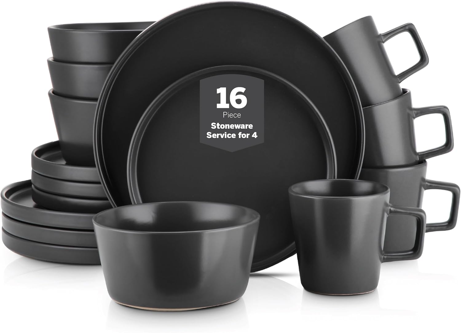Stone Lain Celina Stoneware 16 Piece Dinnerware Set, Plates and Bowls, Black Matte Dish, Service for 4 \u2013 Minimalist Round Style, Microwave & Dishwasher Safe