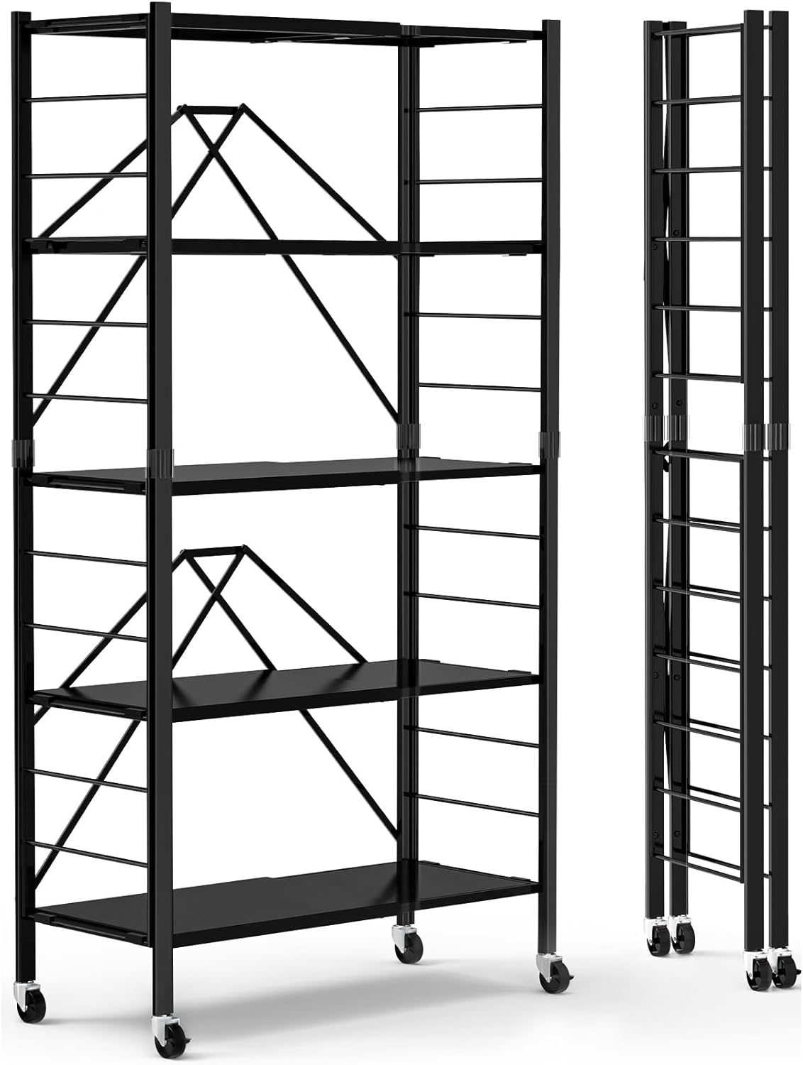 5 Tier Foldable Storage Shelves, Expandable Folding Shelving Units with Wheels, Changeable into 2 Shelf Units, Collapsible Adjustable Storage Rack Metal Shelves for Storage, Pantry, Garage, Kitchen