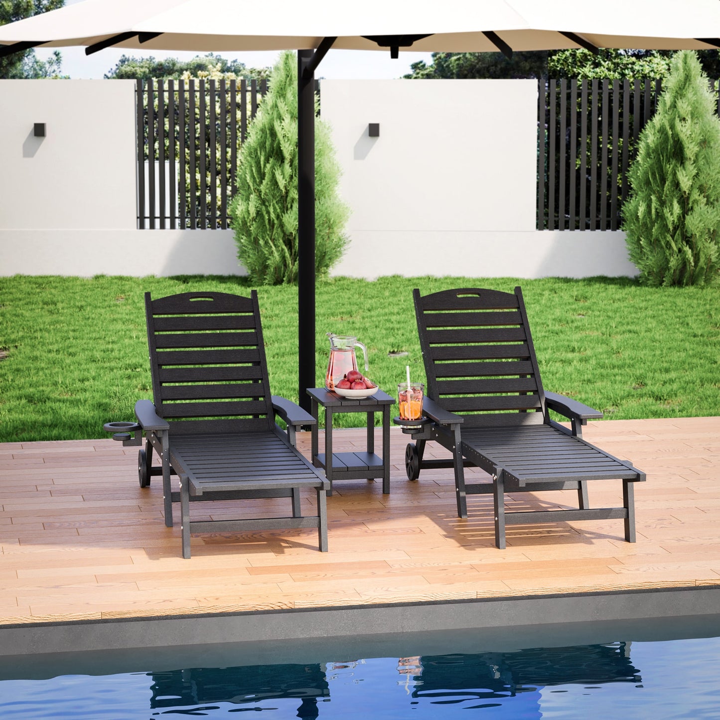 PamaPic Patio Chaise Lounge Set of 2 White HDPE Frame Stationary Chaise Lounge Chair with Slat Seat