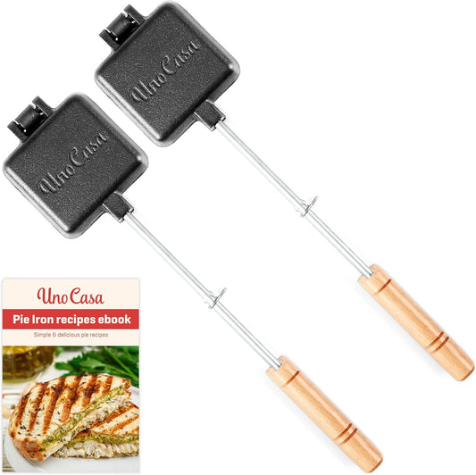 Uno Casa Small Double Pie Iron Sandwich Maker Set of 2 - Japanese Sandwich Maker with Recipe Book - Durable Campfire Cooking Equipment for Grilled Sandwiches, Pies, and Breakfast Treats