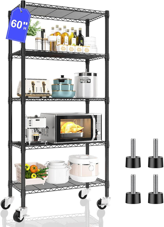 Homtell 5 Tier Shelving Unit Wire Rack, Heavy Duty Adjustable Shelf Rolling Storage Shelves with Wheels, 14" D x 30" W x 60" H 750 lbs Capacity Kitchen Garage Pantry Shelves for Small Spaces