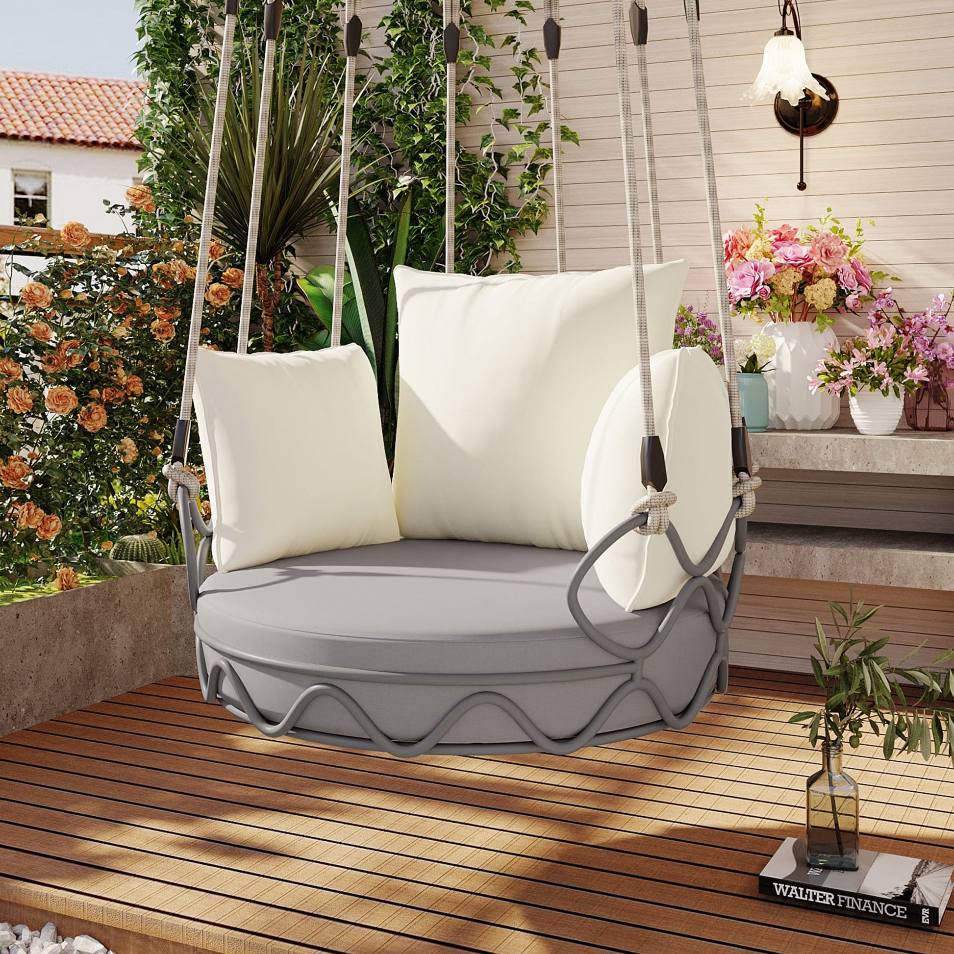 AAZJ Patio Swing Chair Beige Iron Frame Hanging Chaise Lounge Chair with Beige Cushioned Seat