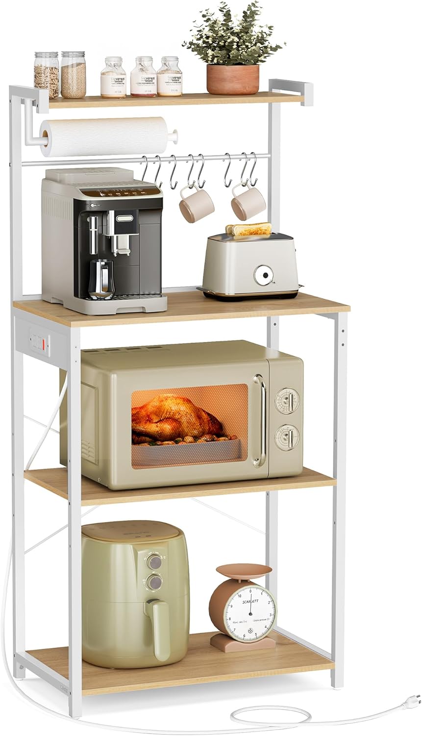 VASAGLE Kitchen Bakers Rack with Power Outlet, Coffee Bar 4-Tier with 8 S Hooks, Microwave Stand, Adjustable Shelf, for Small Spaces, Golden Oak and Cloud White UKKS014Y01V1
