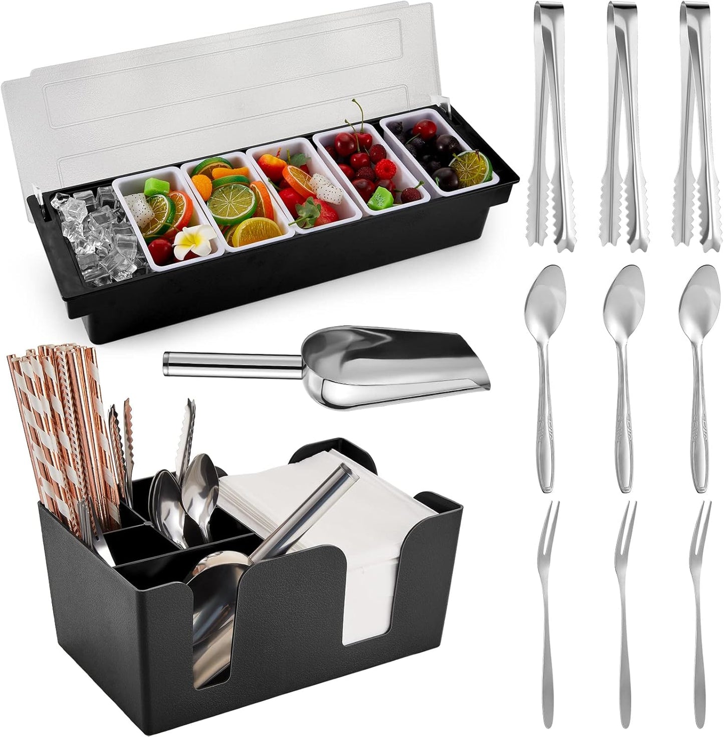 Tessco for you Garnish Tray with Lid Bar Caddy Ice Cooled Condiment Serving Container with Ice Scoop Metal Mini Serving Tongs Fruit Fork Spoons for Food Home Party Kitchen(Plastic,6 Grids)
