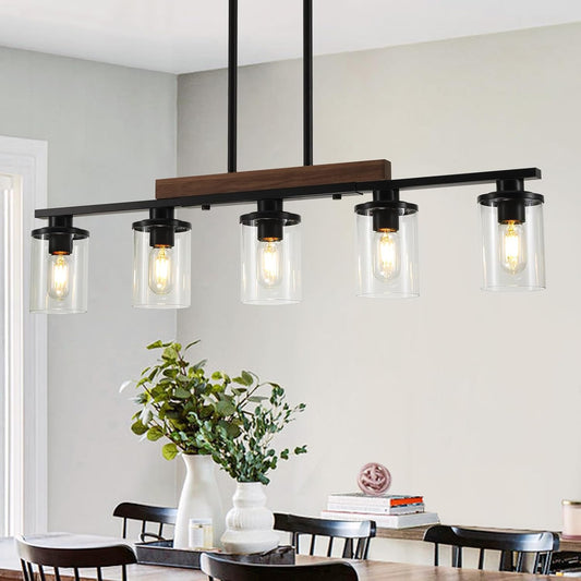 36.2\u2018\u2019 Kitchen Lighting, 5-Light Dining Room Light Fixture Chandelier Over Table, Black Modern Rustic Wood Ceiling Pendant Light Fixtures, with Clear Glass Shade, Farmhouse Chandelier