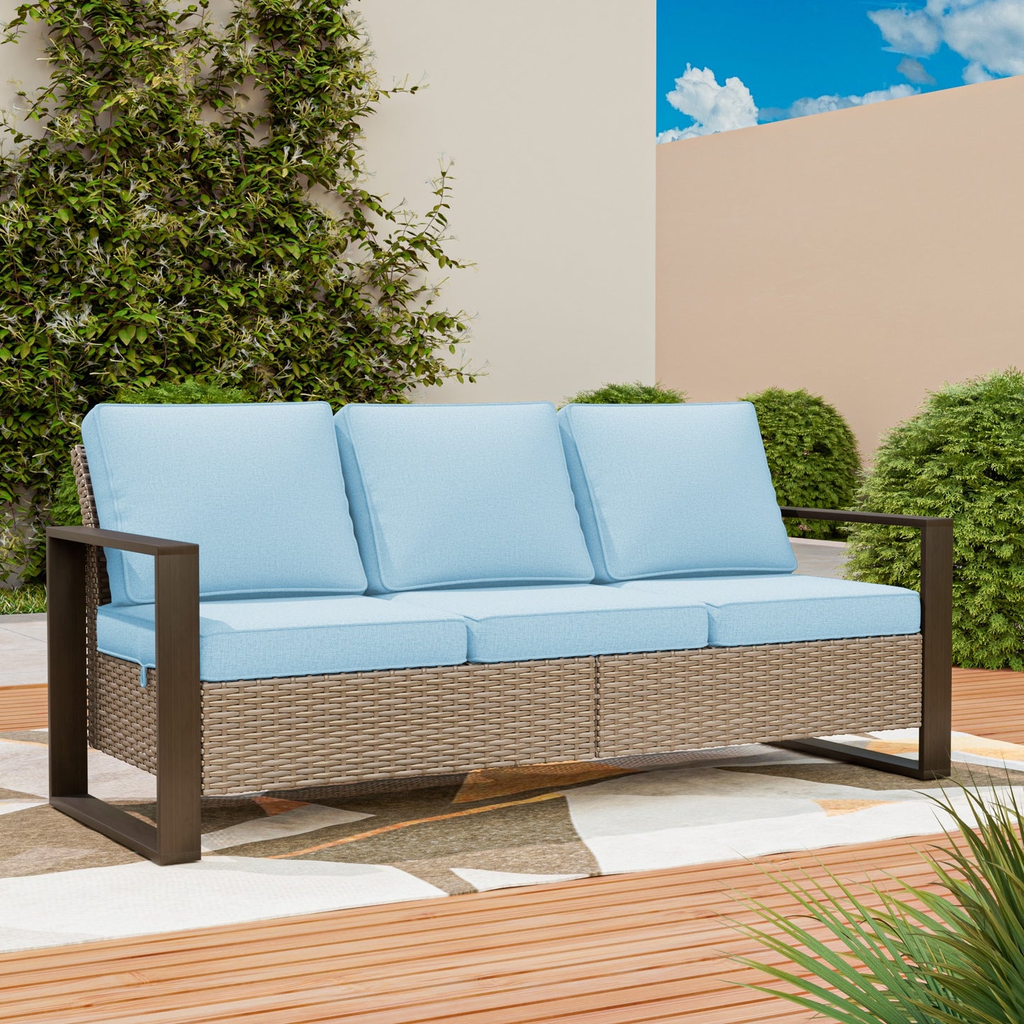 Gardenbee Rattan Outdoor Sofa with Blue Cushions and Steel Frame