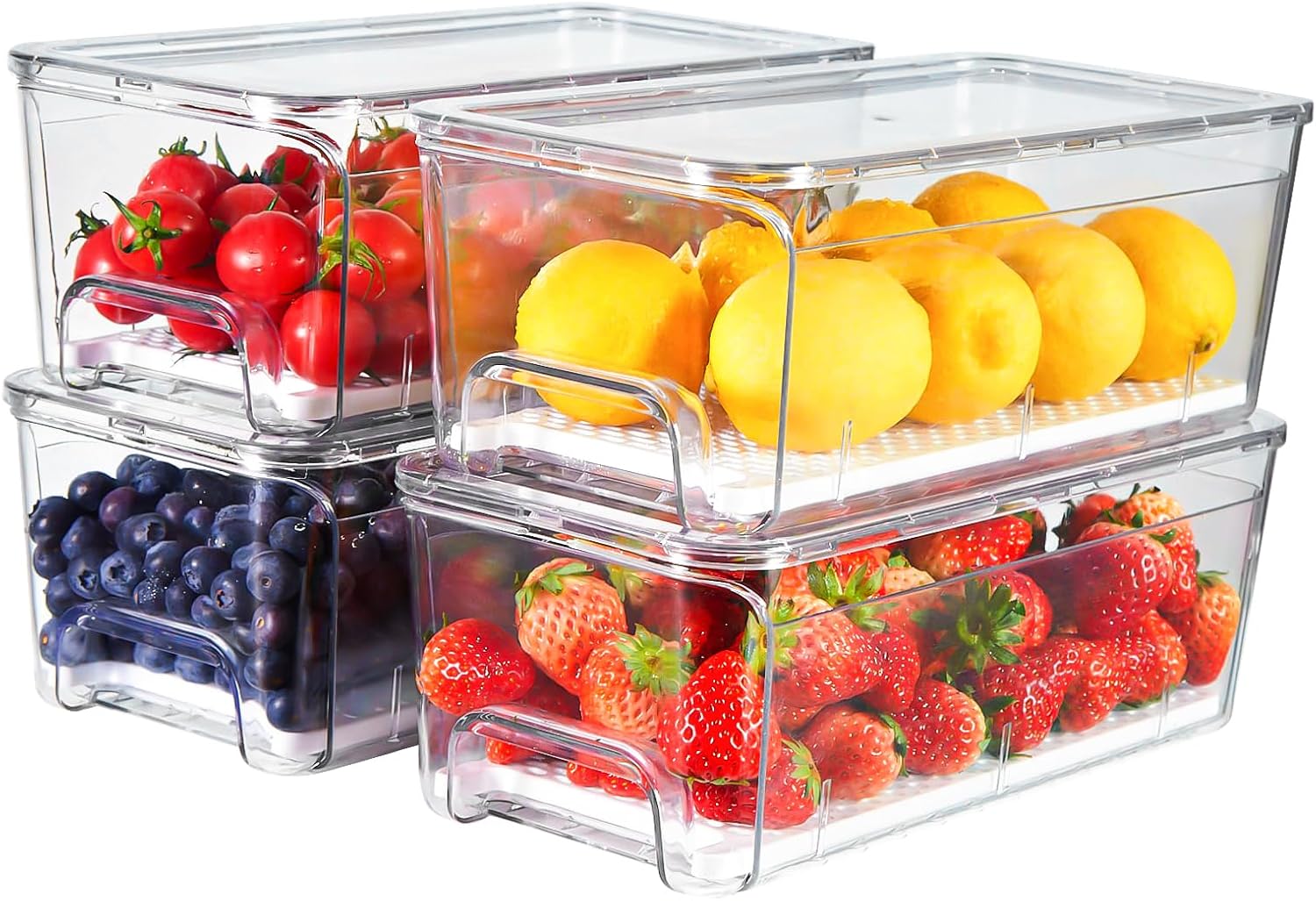 4-Pack Refrigerator Drawer Organizer Bins, Clear Stackable Pull Out Fridge Organizers and Storage Container, Fridge Drawers with Strainer Layer for Fruits, Vegetables and Drinks