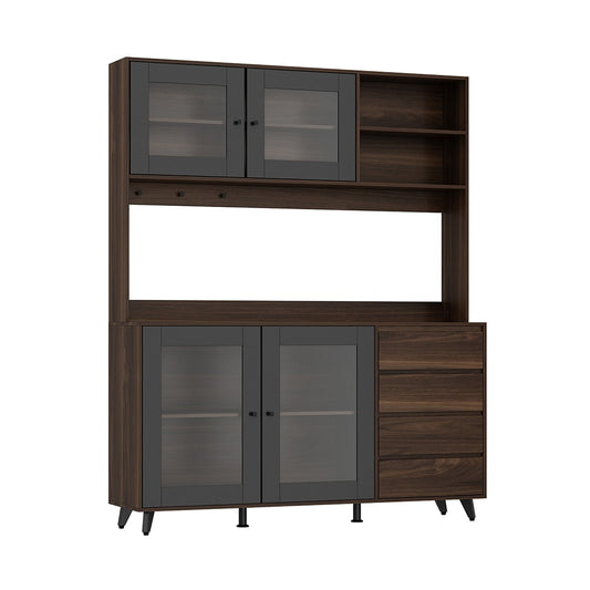 Homsee Kitchen Pantry Cabinet with Glass Doors Drawers Microwave Shelf and Hanging Hooks in Black and Dark Brown