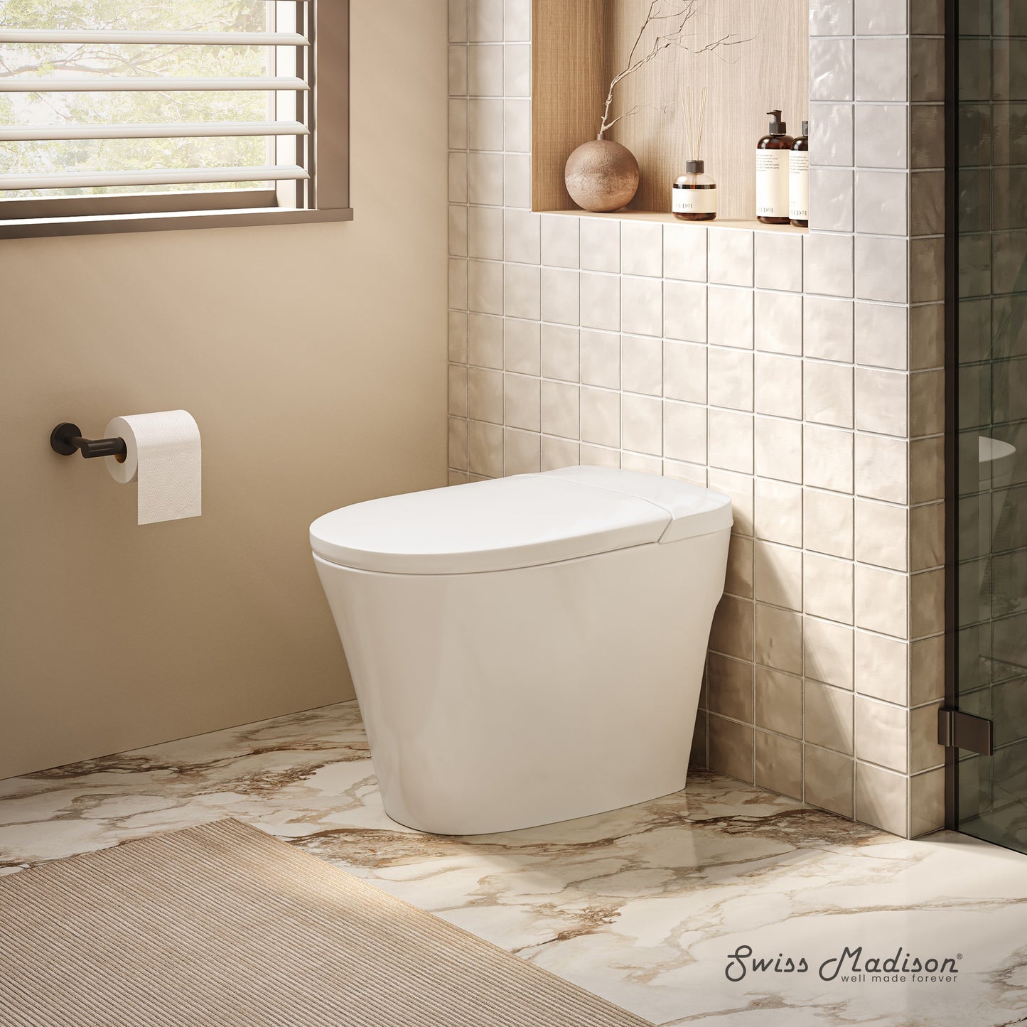Swiss Madison Poitiers Glossy White Elongated Tall height 12-in Rough-In 1.1 GPF Soft Close 1-piece Toilet