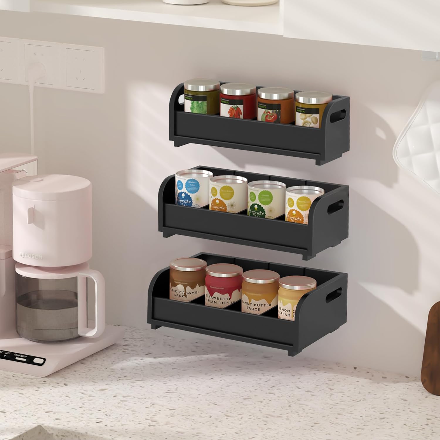 Tea Holder for Tea Bags Organizer - Black Bamboo Tea Organizer for Tea Bags 3-Tier Stackable Wall Mount Large Capacity Tea Storage Box to Pantry Countertop Kitchen Office