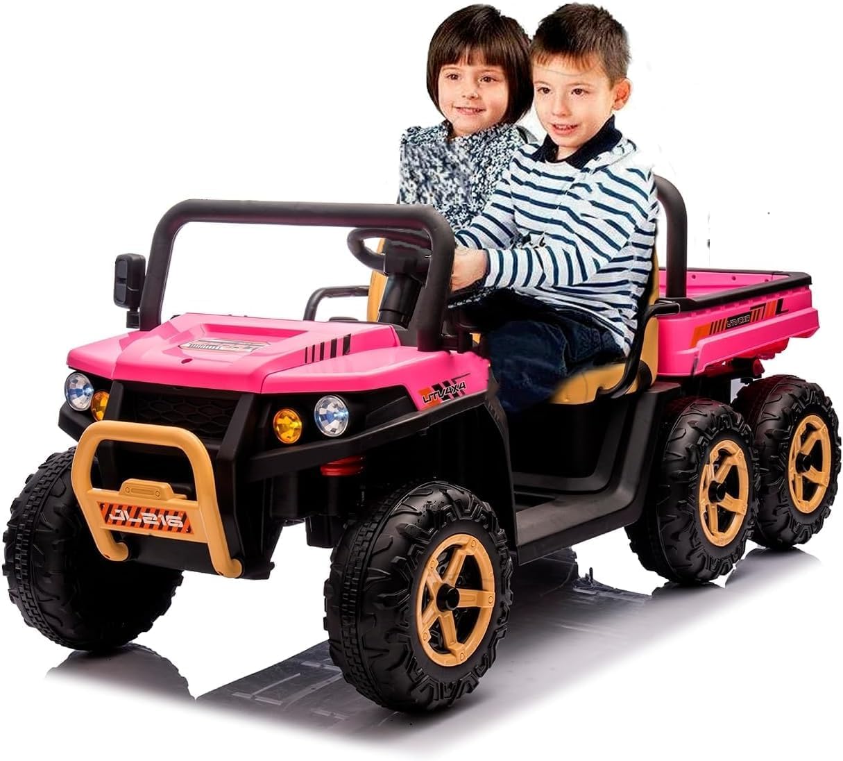 Qeetex 24V Kids UTV Ride On Dump Truck With Parent Remote Control Four Motors Led Lights Music And Two Seater Pink