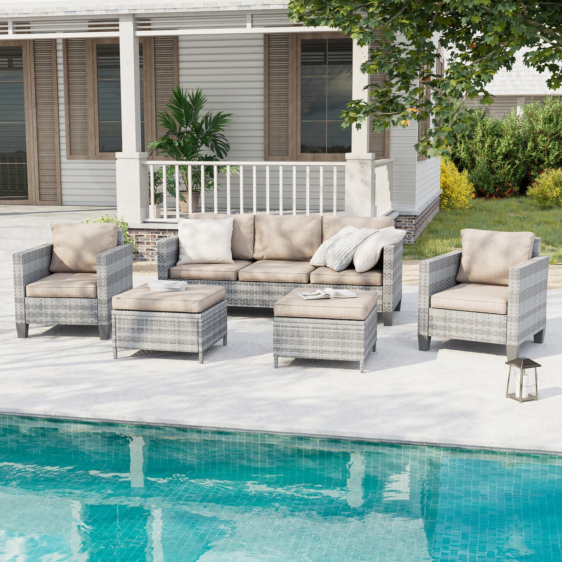 ACEGOSES Sereno 5 -Piece Wicker Patio Sofa Conversation Set with Tan Cushions