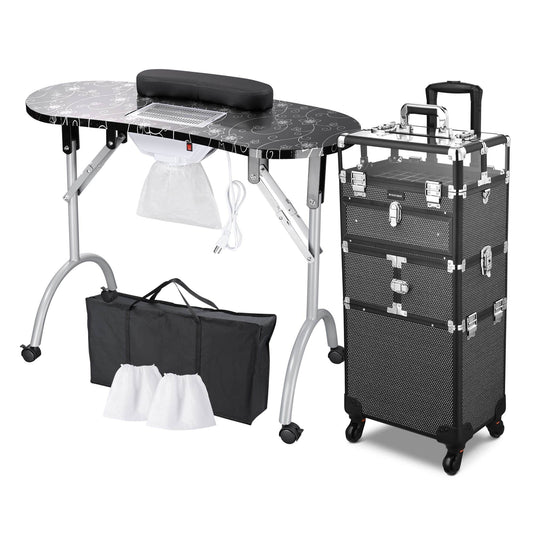 Yescom Byootique Folding Manicure Nail Table 2in1 Rolling Makeup Train Case Kit Manicure Cosmetic Trolley Travel Organizer Nail Case  Black