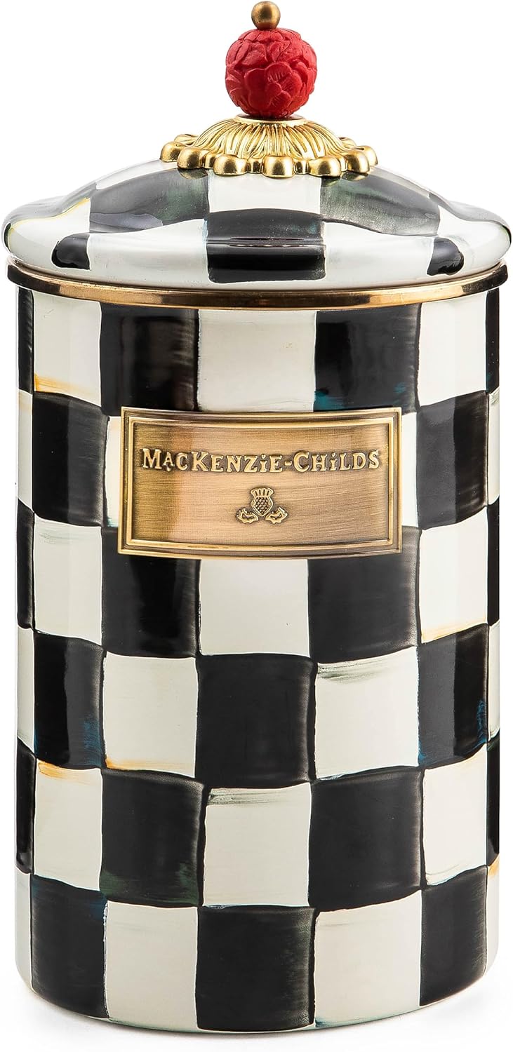 MACKENZIE-CHILDS Large Enamel Canister, Kitchen Storage Container for Flour and Sugar, 1.89 Liters, Black-and-White Courtly Check