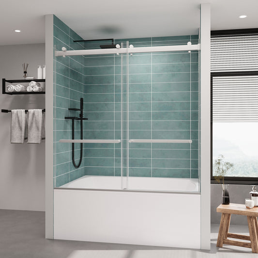 LOVMOR Frameless Bathtub Shower Doors 56-60 W x 60 H Double Sliding Shower Door Tempered Glass