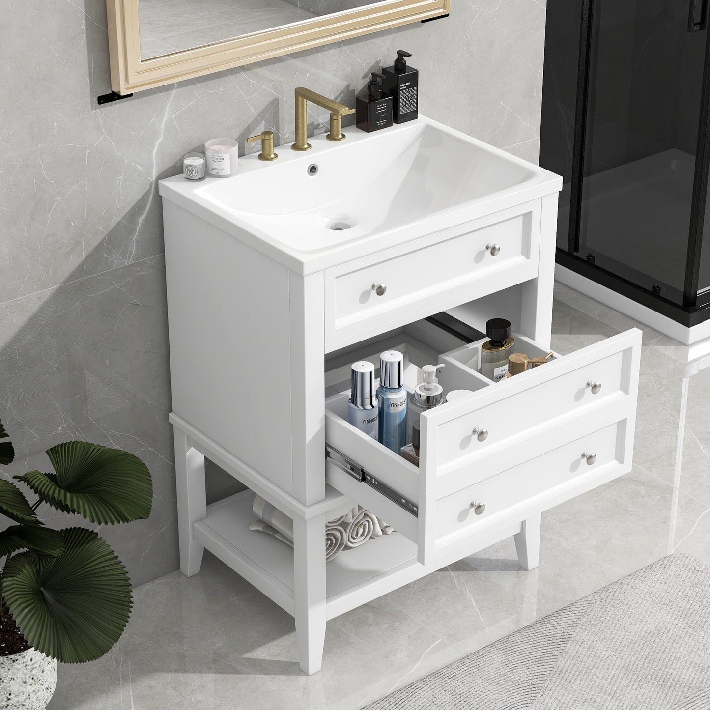 Tatayosi 24inch White Bathroom Vanity With Sink Bathroom Storage Cabinet with Drawer and Open Shelf Solid Wood Frame